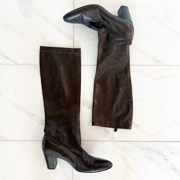 Robert Clergerie Chocolate Brown Leather Pull-On Knee High Heel Boots 8 - Picture 1 of 16